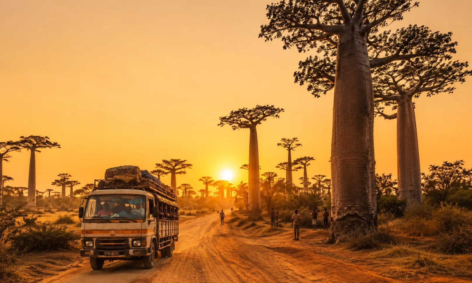 Taxi-brousse sur l'allée des baobabs au coucher du soleil